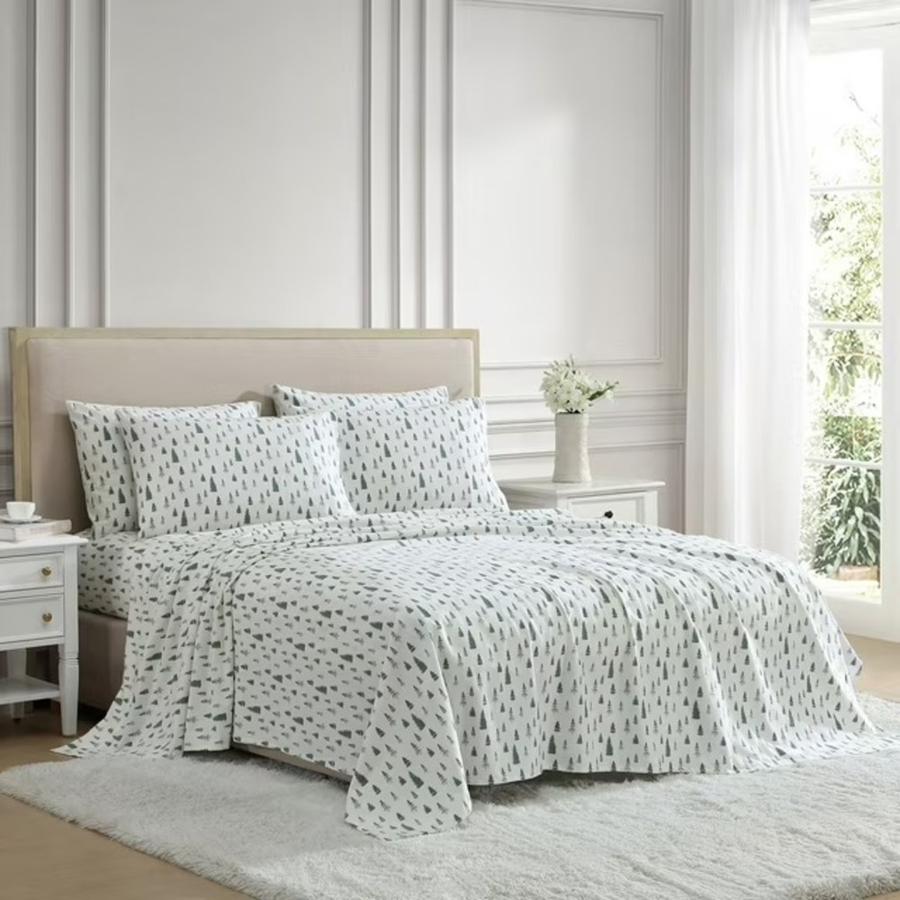 Lenox 6-Piece 100% Cotton Flannel Sheet Set Queen Pine Trees Green White Holiday
